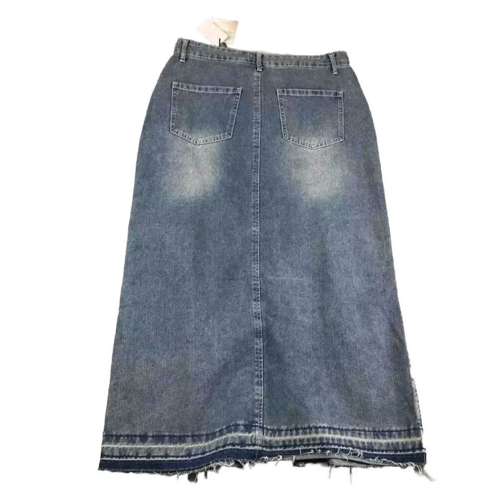 NWT Happily Grey Washed Denim 5 Midi Skirt Slit Frayed Hem‎ Whiskered Modest Y2K